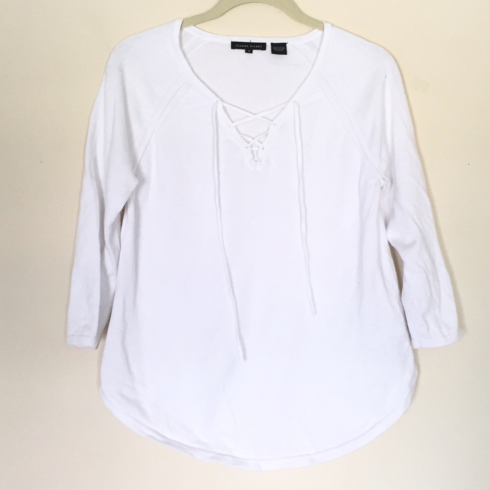Jeanne Pierre | Lace Up Split Neck Lightweight Sweater in White